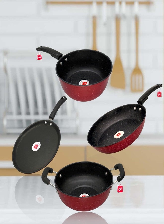 LAZYwindow Kitchen Cookware Set with Sauce Pan, Fry Pan, Dosa Tawa, Kadhai, Non-Stick, 4 Count, Red - Image 1